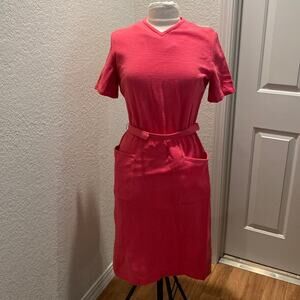 Fashioned By Lampl Vintage Short Sleeve Pink Midi Dress Ribbed Pockets EUC Sz M